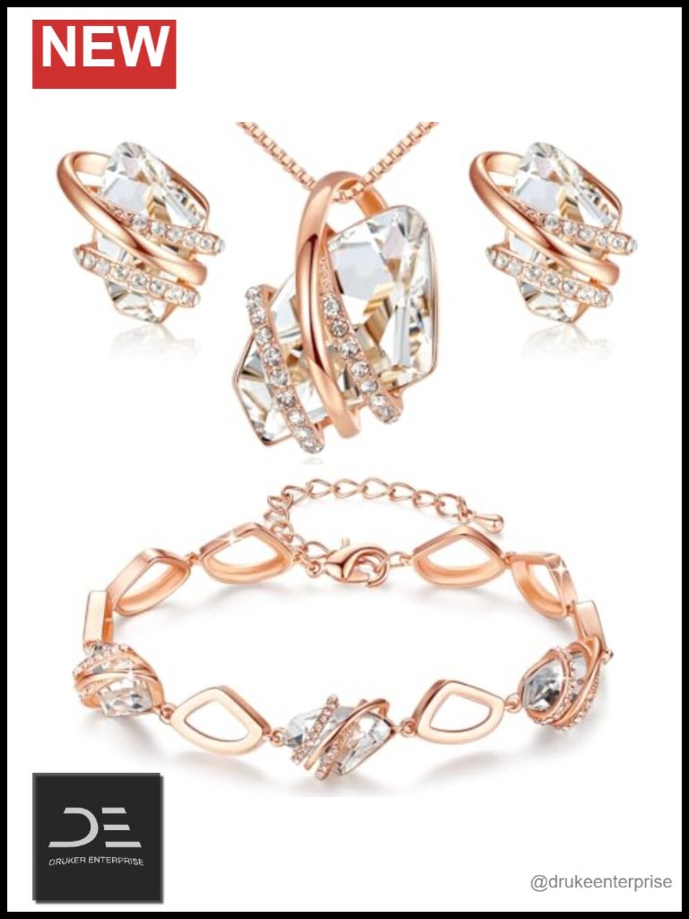 Silver Tone Crystal Jewelry Set with Necklace, Earrings, Bracelet